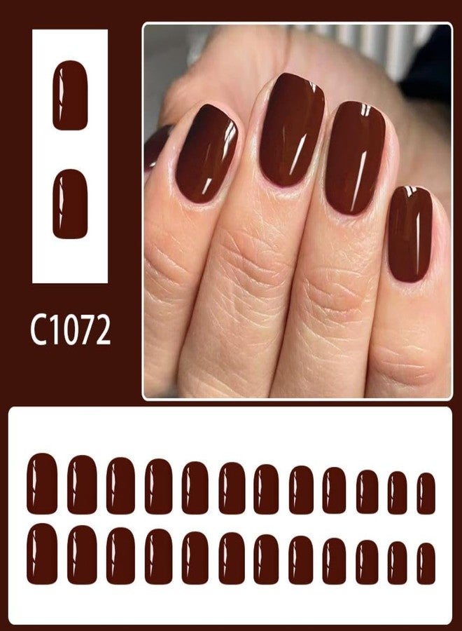 Sevgob Short Square Press on Nails Dark Brown Fake Nails with Designs Solid Color Stick on Nails Glossy Thanksgiving Day False Nails Full Cover Autumn Fall Glue on Nail for Women Girls Manicure 24Pcs - Image 2